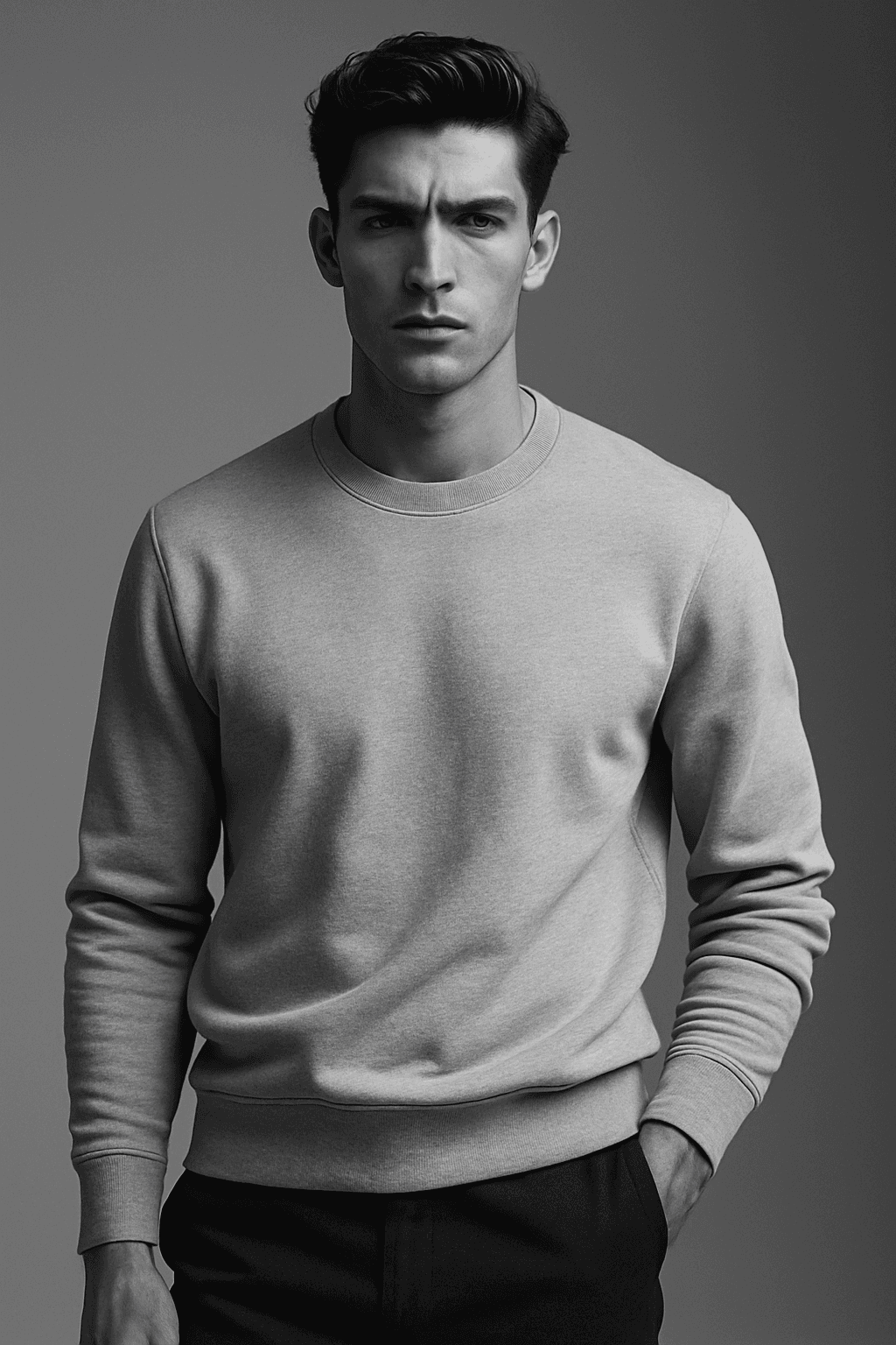 Model wearing a crew neck sweatshirt