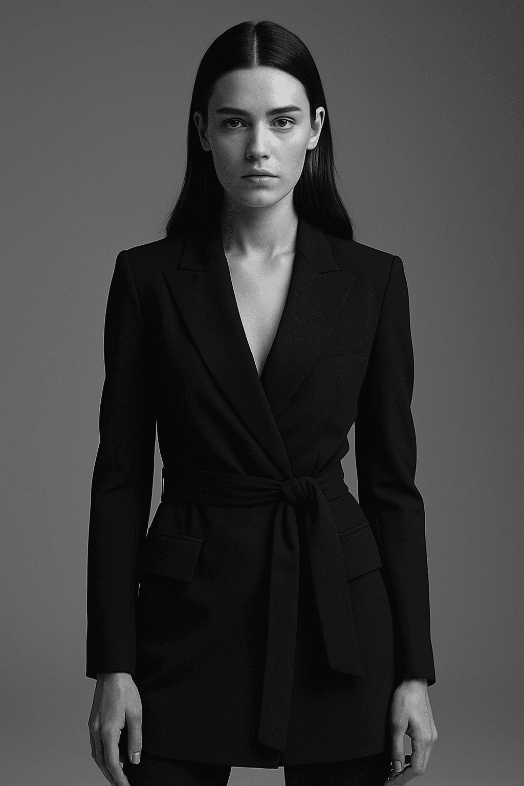Model wearing a belted tailored jacket