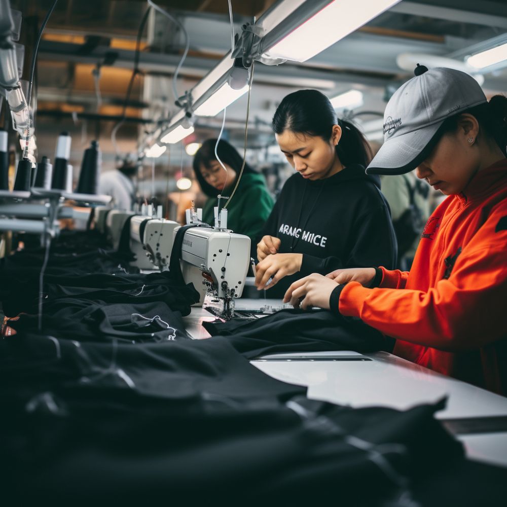 Operators at sewing machines on a production line