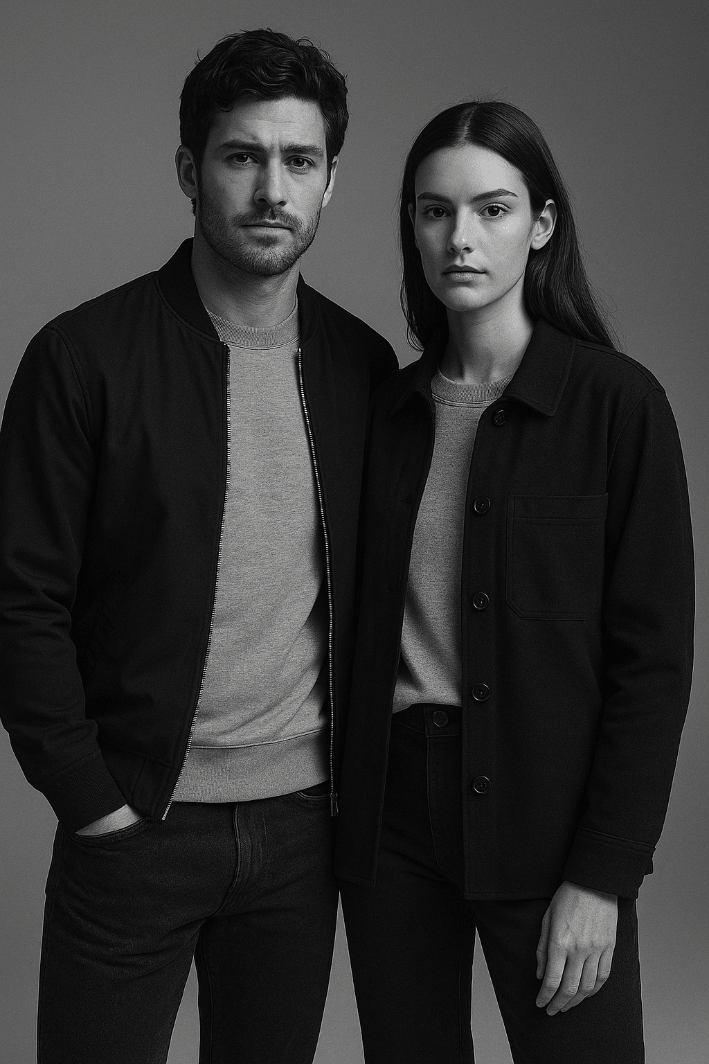 Two models wearing an overshirt and a bomber jacket