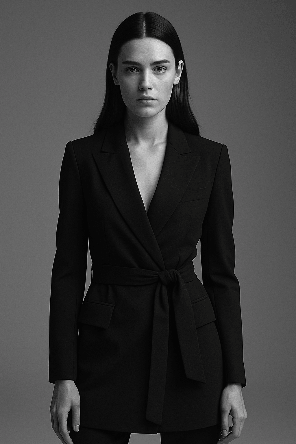 Model wearing a belted tailored jacket